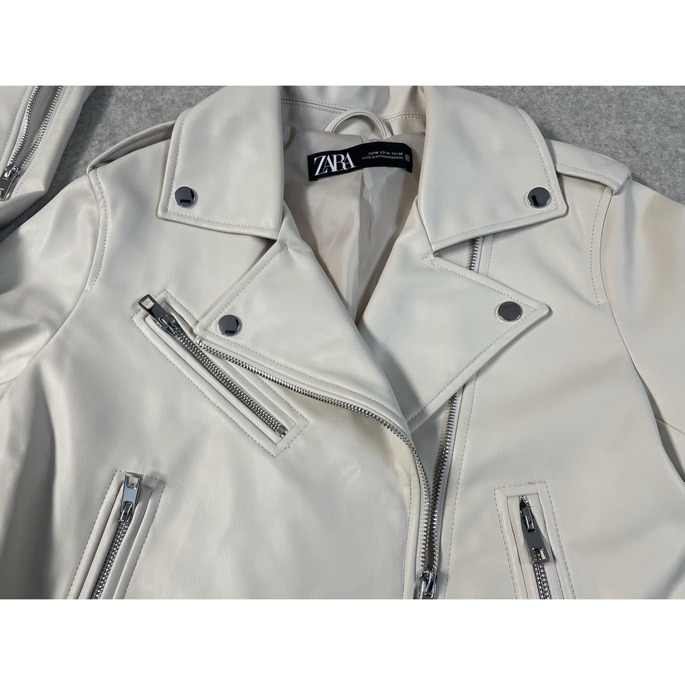 NWOT Zara Womens M Faux Leather Motorcycle Moto Jacket Zip Up Beige - Picture 7 of 16